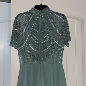 Gorgeous, long, high-low sage colored semi formal dress